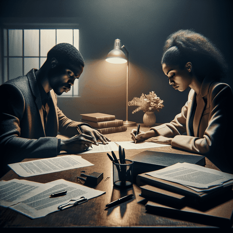 Two young professionals work late at a messy desk, examining papers under a desk lamp's glow.