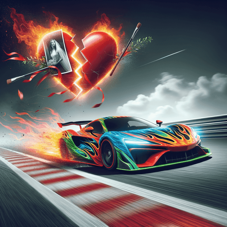 A colorful sports car races down a track, leaving a flaming broken heart in its wake