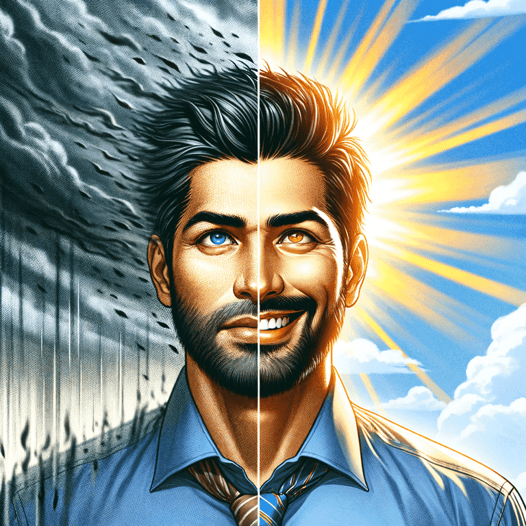 Split image: troubled man's face in storm clouds contrasts optimistic version radiating sunlight.