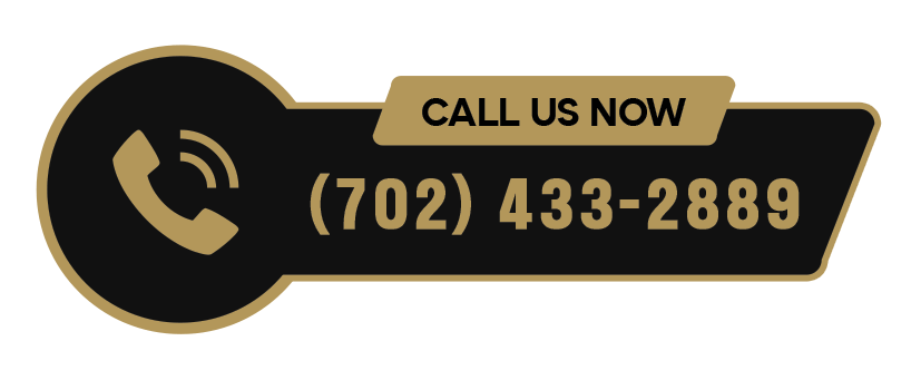 A graphic image featuring a stylized black and gold key-shaped design with the text 'CALL US NOW' and a phone number '(702) 433-2889' prominently displayed.