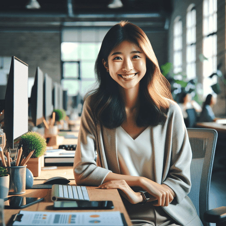 Smiling young Asian woman at desk in office, appearing happy and successful.