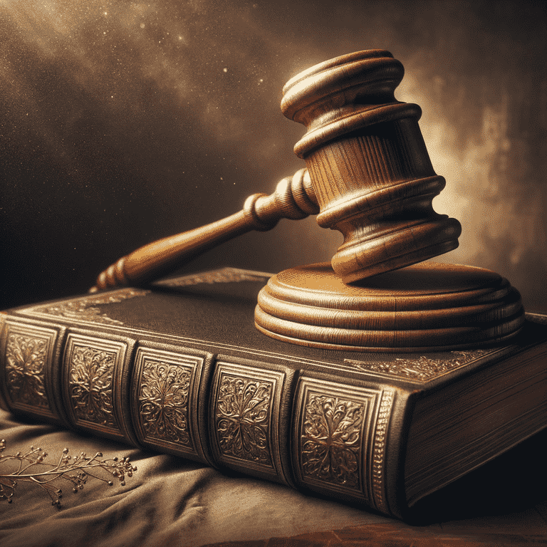 A wooden gavel rests on an antique law book.