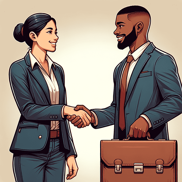 A cartoon of two smiling business professionals, a man and a woman, shake hands in agreement