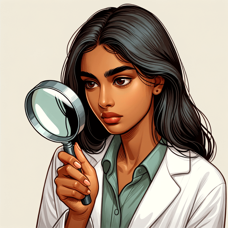 An illustration of a young woman of color in a white lab coat, holding a magnifying glass