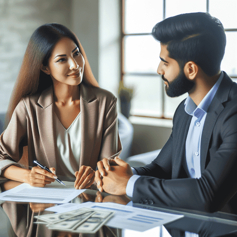 Man and woman at table reviewing financial documents, engaged in serious discussion.