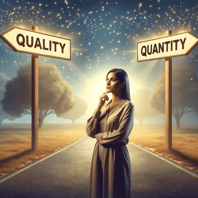 A woman ponders between "Quality" and "Quantity" signs at a surreal crossroads