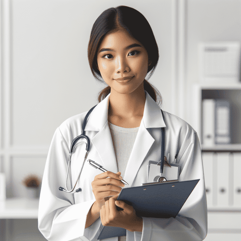 A young Asian female doctor in a white coat holds a clipboard and pen.