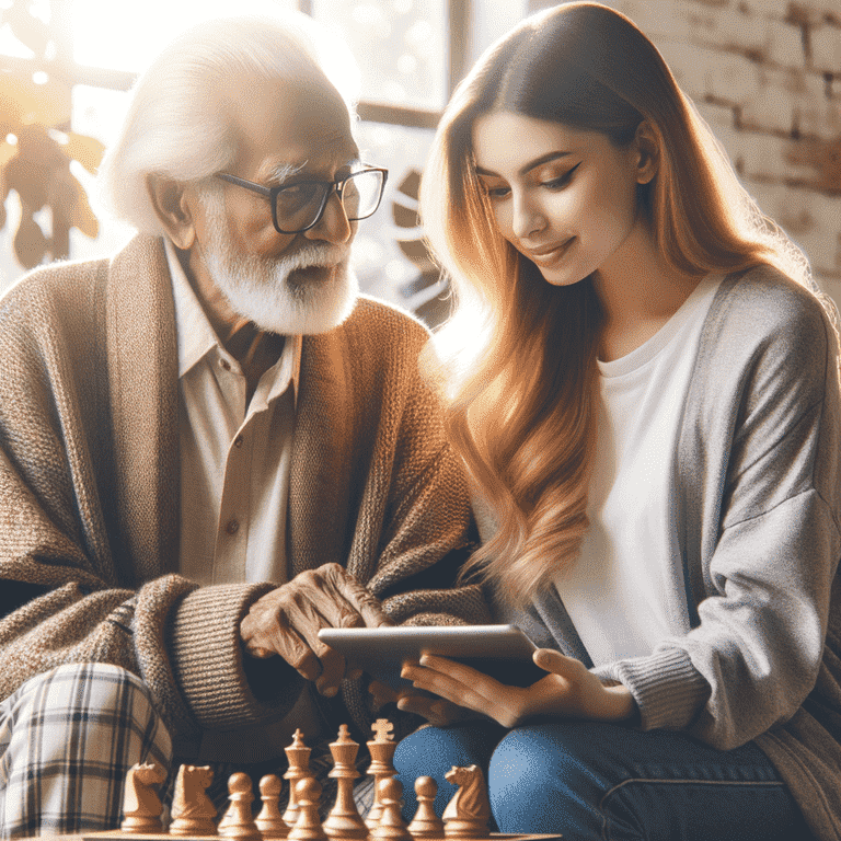 Elderly man and young woman looking at tablet by chessboard.