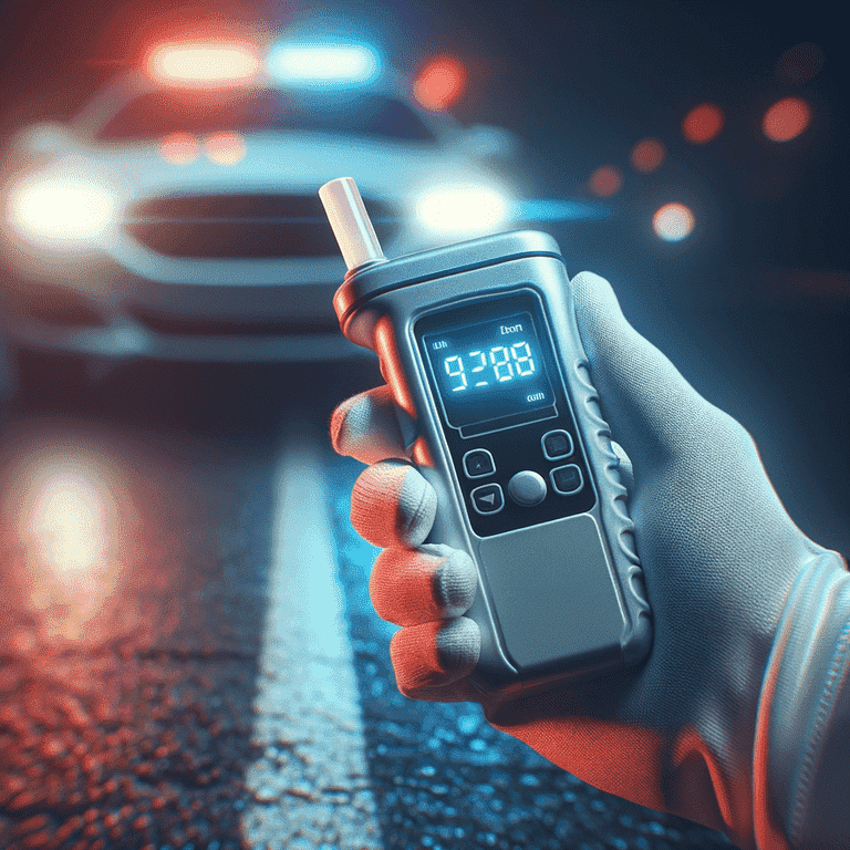 Breathalyzer in gloved hand, police lights blurred in night background, signaling DUI stop.