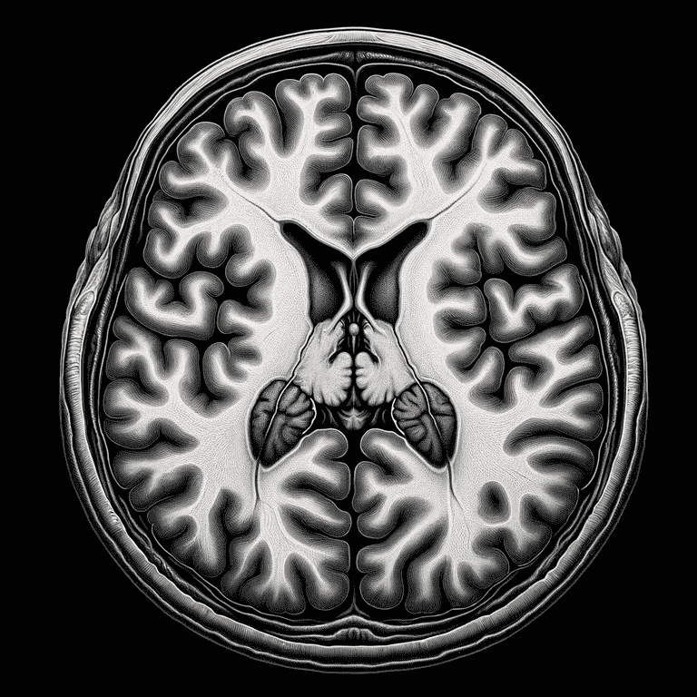 Black and white MRI scan showing intricate folds and structures of human brain cross-section.
