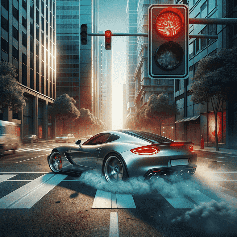 Silver sports car speeding through red lights in the city.