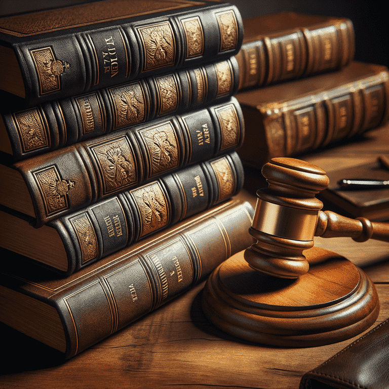 A wooden gavel rests near a stack of old, leather-bound law books