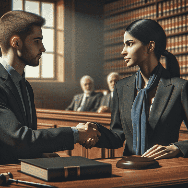 Male and female lawyers shake hands in courtroom, judge and blurred jury in background.