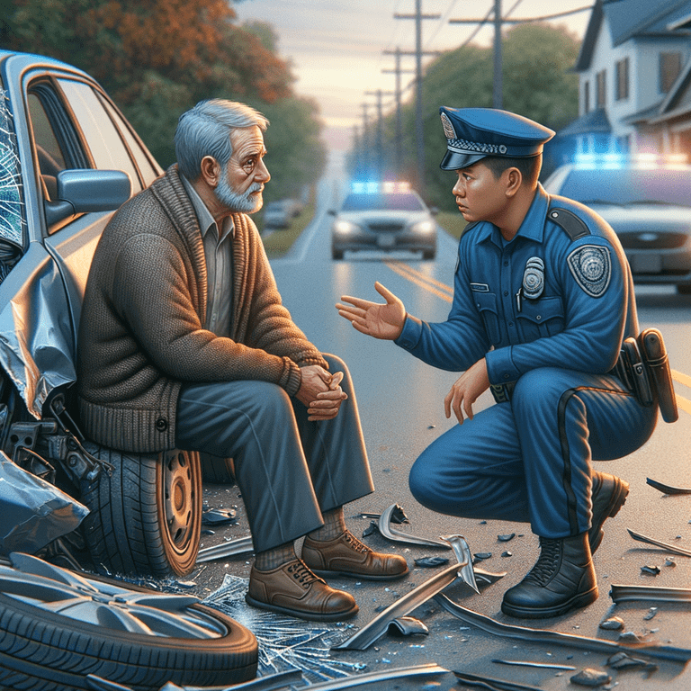 Policeman attentively assists elderly man at roadside car accident scene.
