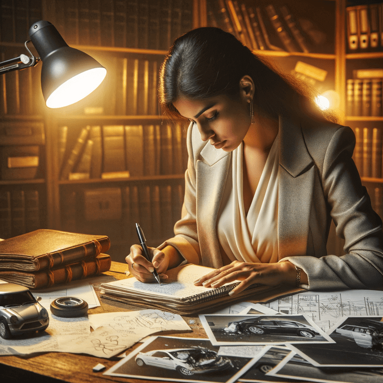 A woman in a suit sits at a desk, writing in a notebook amidst scattered papers, books, and a lamp.