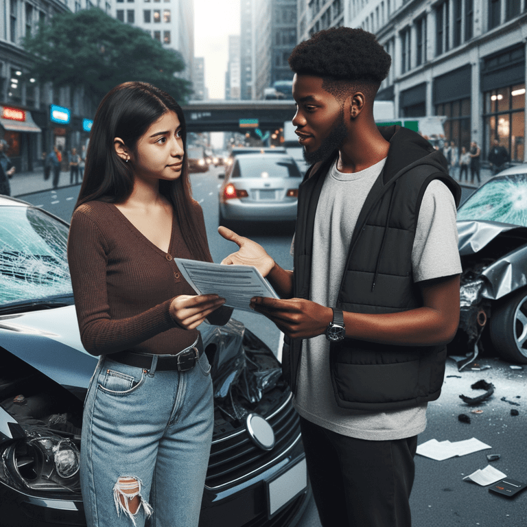 Young woman and man exchange insurance info by wrecked cars.