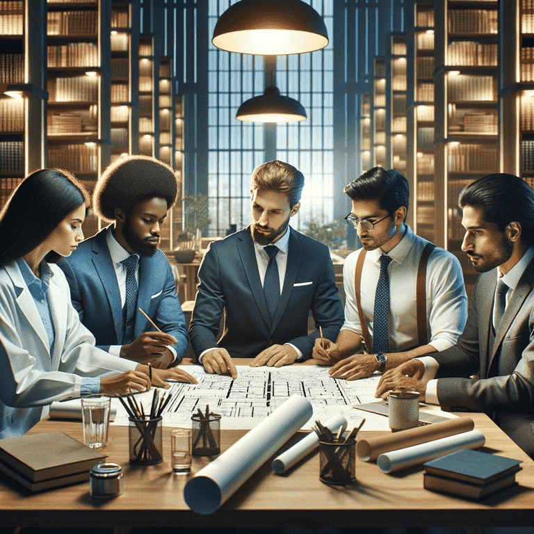 Well-dressed professionals collaborate over plans at a meeting table in an elegant office.