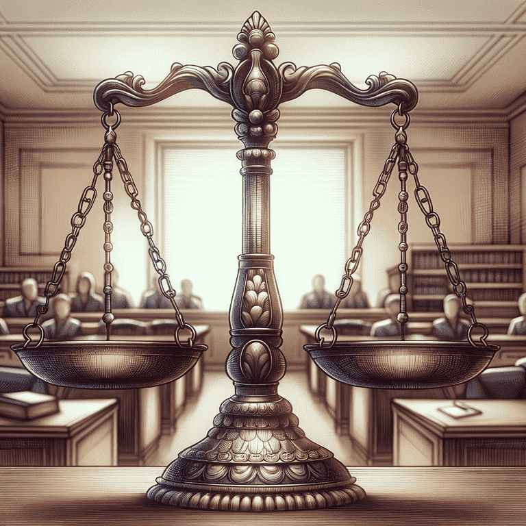 An ornate brass scale of justice sits on a wood desk in a courtroom