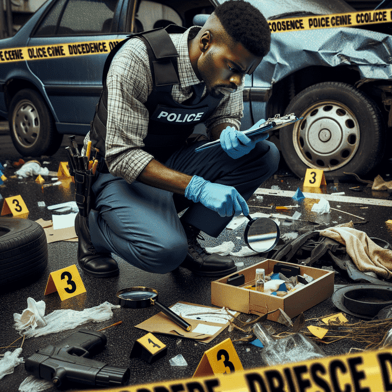 Police officer crouched, examining scattered evidence with magnifying glass at crime scene near car.