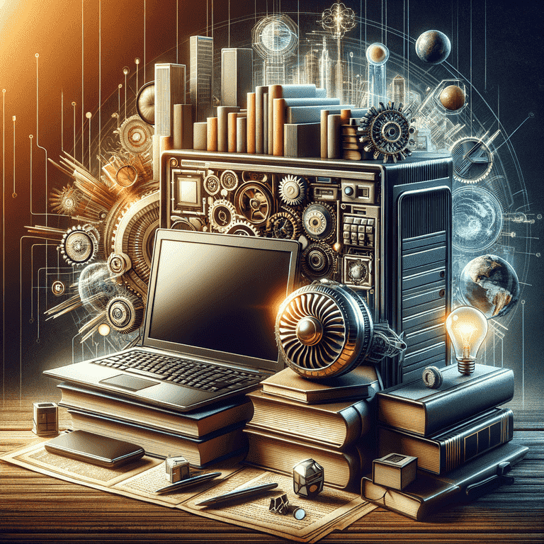 Antique laptop on books encircled by gears, charts, light bulbs. Abstract digital illustration.