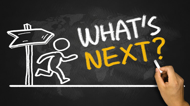 Stick figure running with "What's Next?" in bold text above.