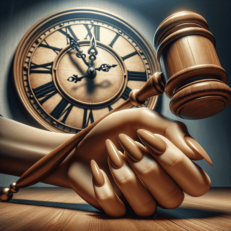 Hand holding gavel with a ticking clock in the background, representing the urgency in necessity defense.