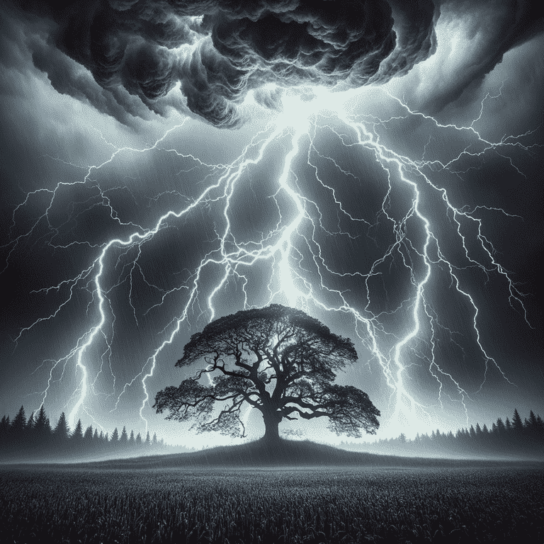 Lightning bolt striking a tree, symbolizing an act of God