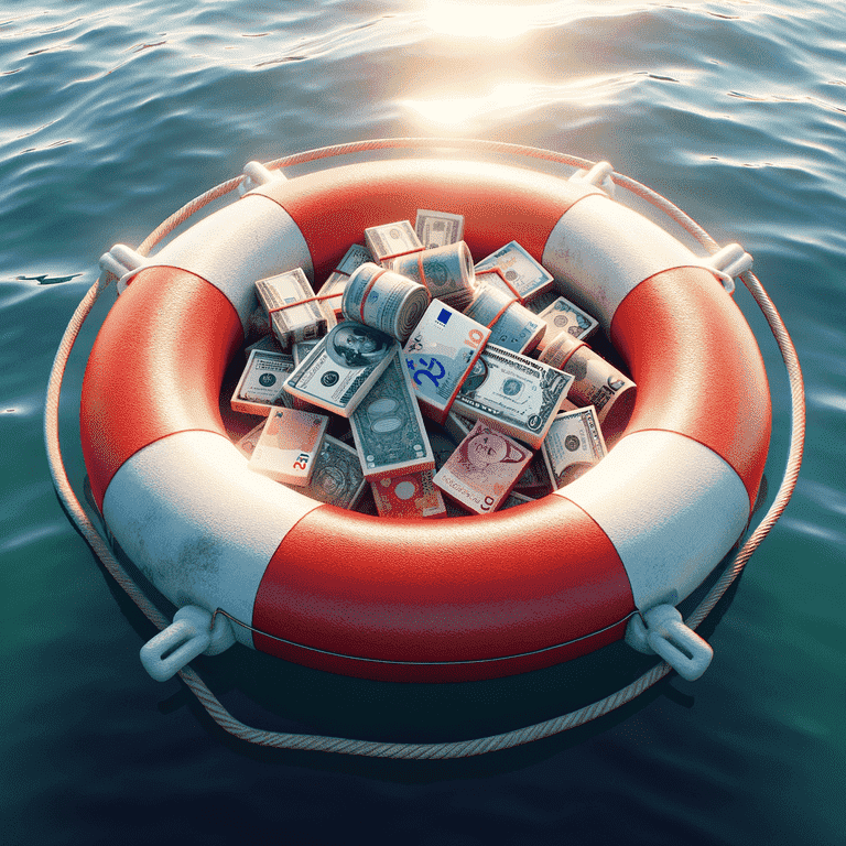 A lifebuoy with money inside, representing financial safety during a divorce.