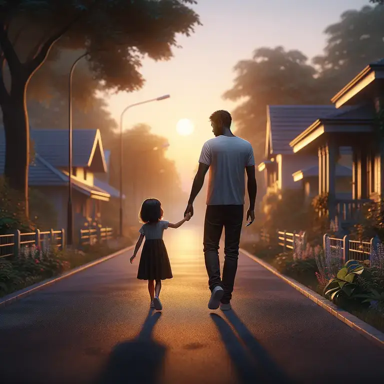 Art of man and girl holding hands at sunset, walking away.