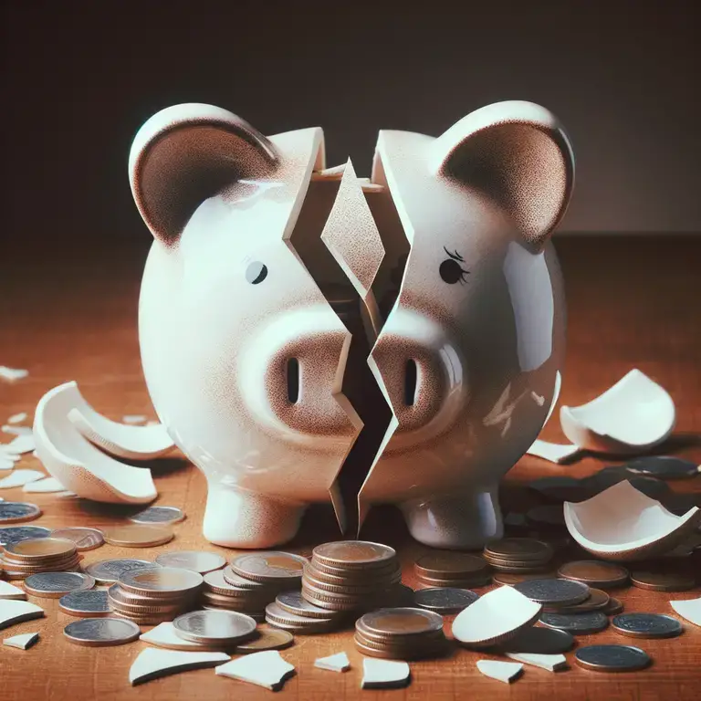 A piggy bank standing on a wooden surface, broken into pieces, with coins scattered around it.