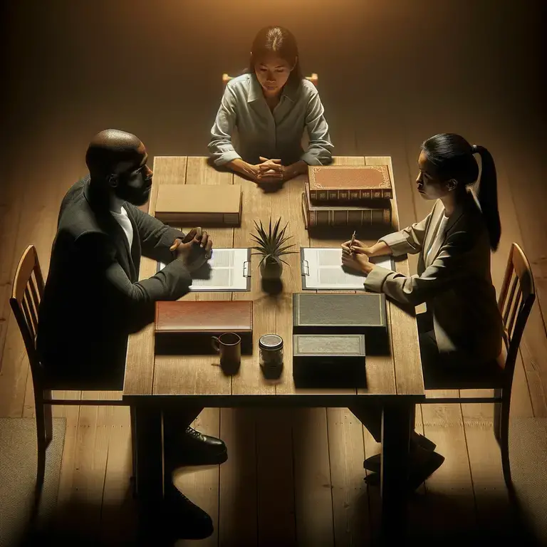 Three professionals working on documents at a table with plants.