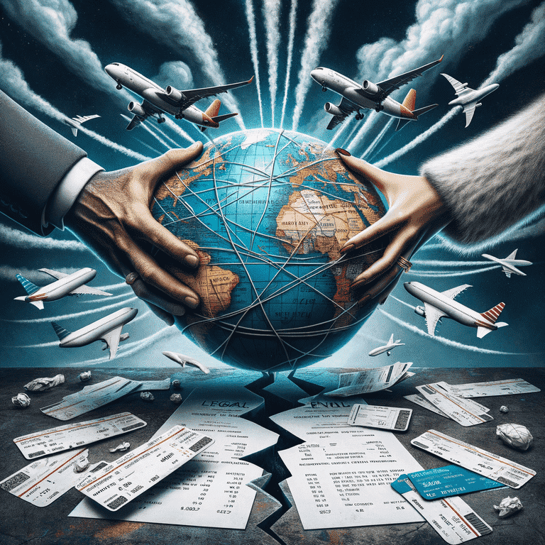 A globe held in hands, 1 male and 1 female, with planes and travel documents scattered around it