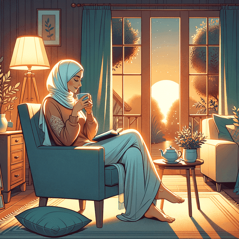 Woman in hijab reads book, sipping tea in cozy living room at sunset.