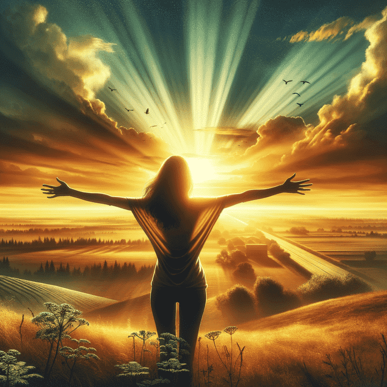 A silhouetted woman stands with arms outstretched towards a brilliant sunrise or sunset, with sunbeams radiating across a cloudy sky above a misty landscape.