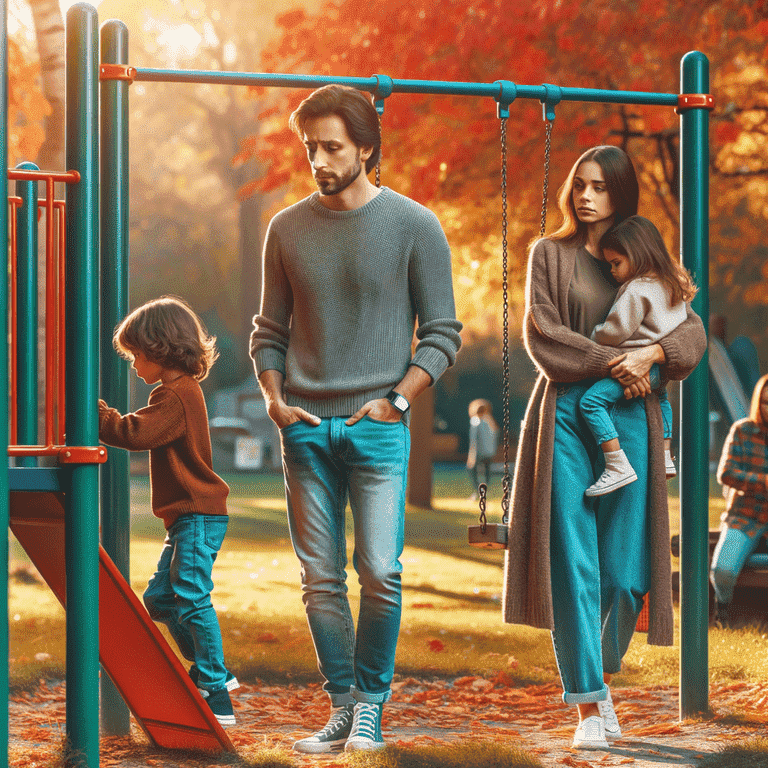 Pensive family of four on swings in autumn park, parents troubled and children downcast.
