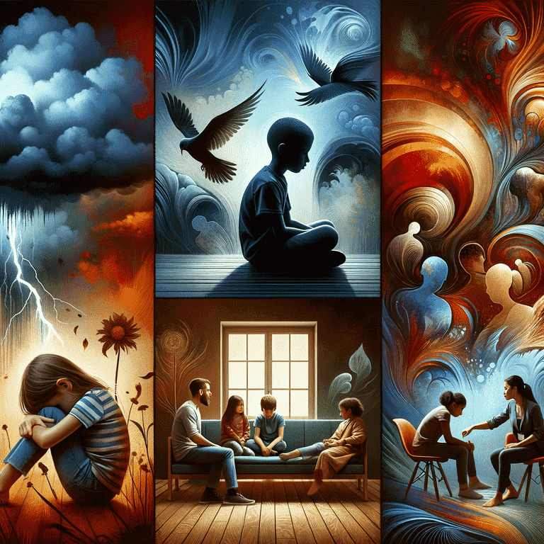 An insightful composition showing various behaviors of children, from solitude to disruptive actions, with some participating in supportive counseling sessions, all set against symbolic motifs of chaos and transition, such as gathering storm clouds, indicating the behavioral issues that can stem from divorce.