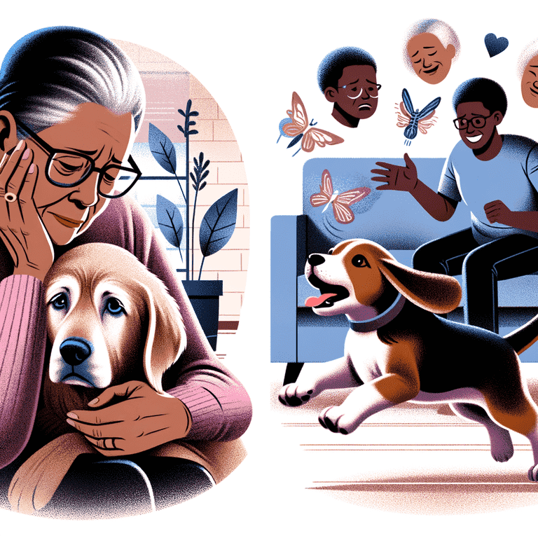 Illustration: lonely elderly woman hugs dog; contrasted with joyful puppy chasing butterflies.