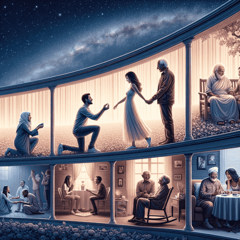 Fantastical starry sky with people above contrasts realistic interior scene below.