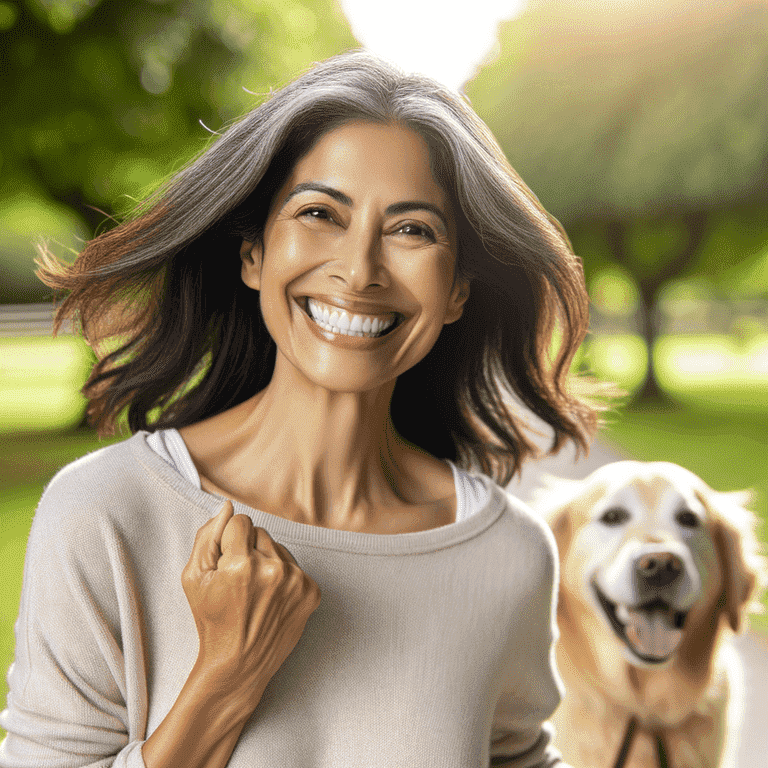 Smiling woman in light sweater stands in park holding leash of happy golden retriever.