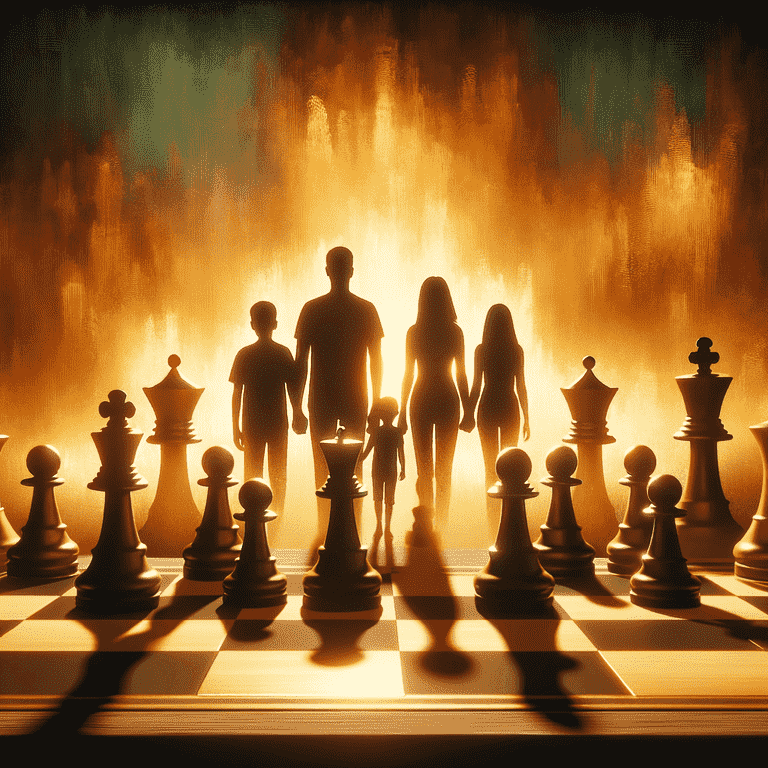 Chess pieces on a board with a family figure in the background, symbolizing strategic planning in high-conflict divorce.
