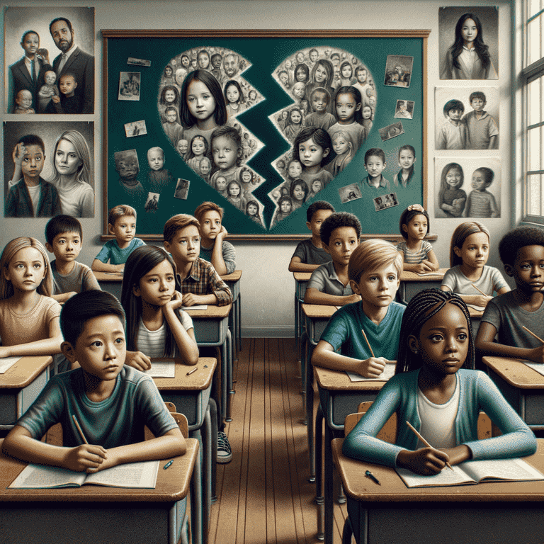 A poignant visual montage depicting school-aged children in various states of emotion within a classroom environment, with symbolic imagery such as divided family pictures and a split heart, illustrating the social consequences of divorce on young students.