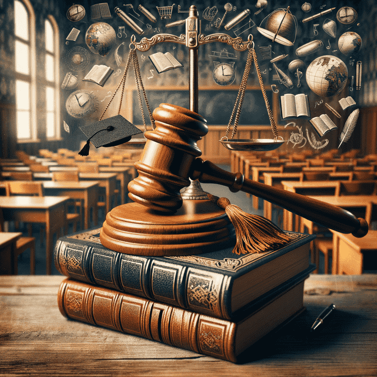 Gavel and law books on wooden desk, education icons floating in background.