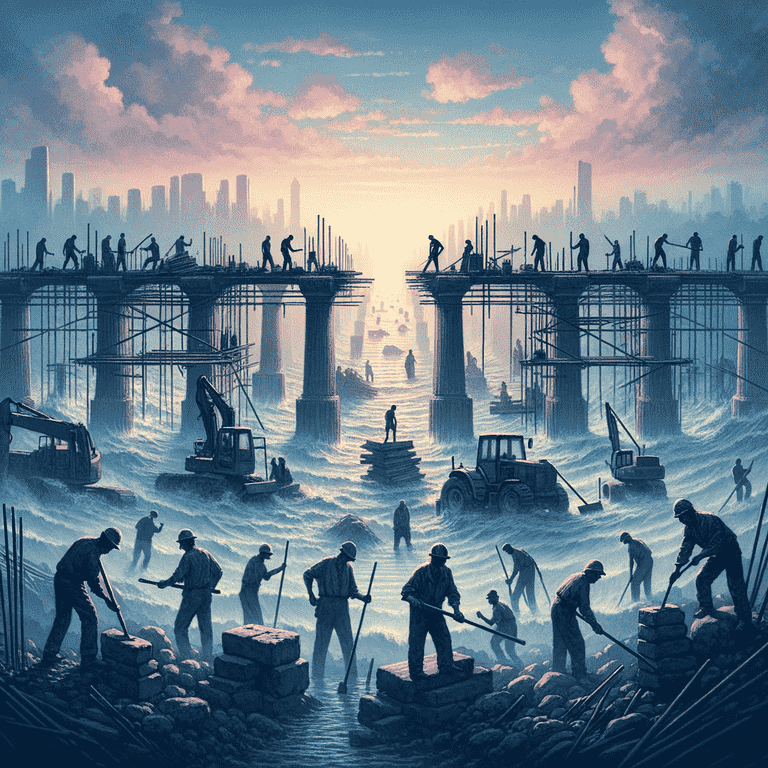 Construction figures are methodically building a bridge over a turbulent river against a dawn-lit sky, symbolizing the process of reconstruction and the effort of working through difficulties.