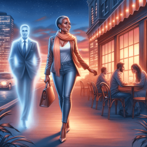 Woman strides down city street at night, ghostly businessmen and vibrant cafe lights behind her.