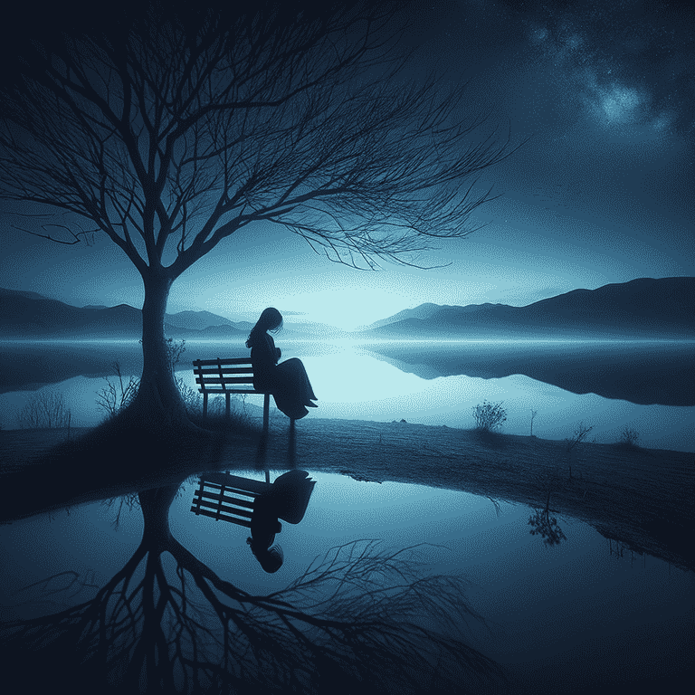A solitary figure sits in contemplation on a bench under a barren tree, facing a reflective lake in the quiet twilight, encapsulating a moment of deep reflection and the solitude of loneliness.