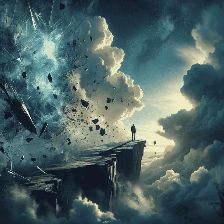 A solitary figure stands at the precipice of a fractured cliff, surrounded by floating debris, under a turbulent sky, embodying the turmoil of shock and denial.