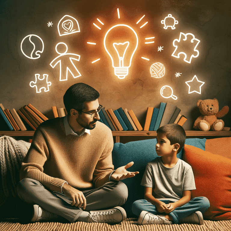 An image of a compassionate adult guiding a child in a cozy, educational setting, with symbols like a light bulb and connecting puzzle pieces representing the nurturing of support systems and the positive impact of interventions