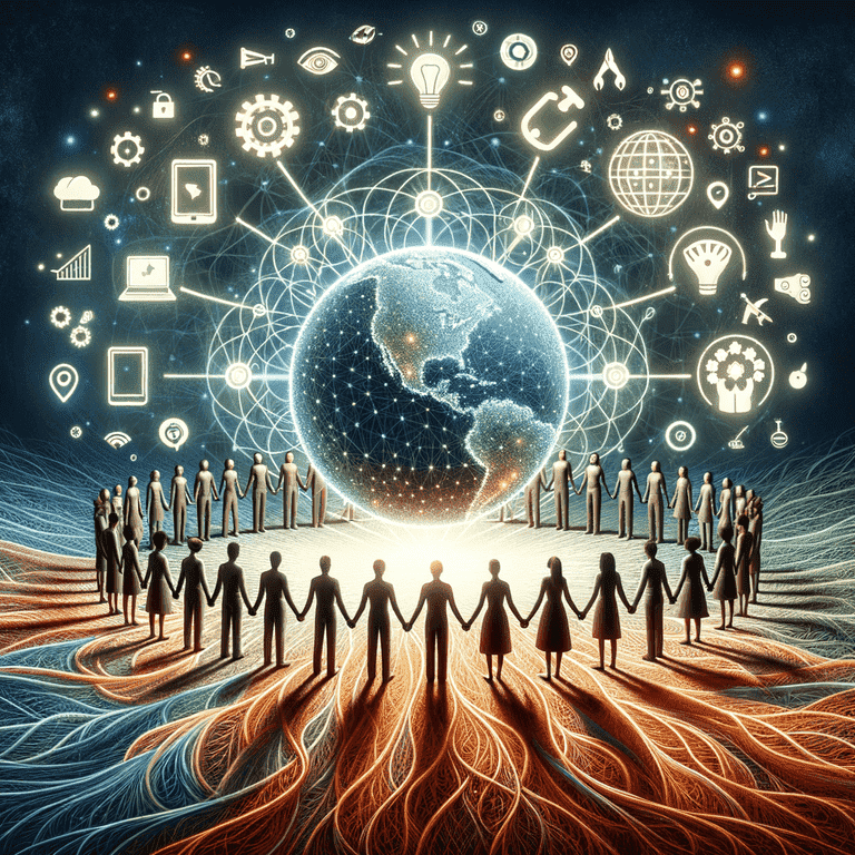 Diverse individuals form a supportive circle around a glowing globe, interconnected by lines of light, with an arch of resources above them, showcasing the power of support systems and resources.