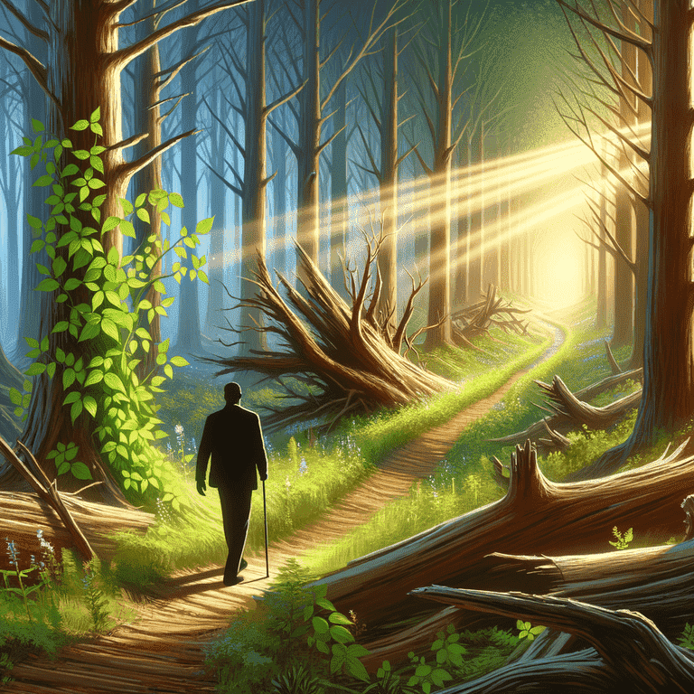 A figure walks on a winding path through a rejuvenating forest at sunrise, with light beams indicating an upward turn towards hope and recovery.