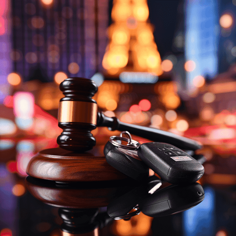 Car keys with a judge's gavel on top, symbolizing the consequences of a DUI conviction in Las Vegas with a blurred cityscape background.